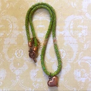 Green crystal and beaded copper heart necklace